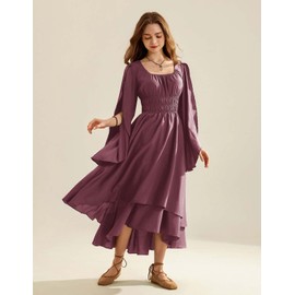 Women Renaissance Costume Split Bell Sleeve Double Layered High Low Dress Dusty Rose M