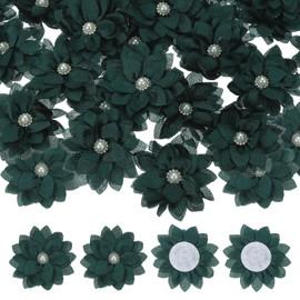 PATIKIL Fabric Flowers, 15 Pcs 2" Rhinestone Pearls Sewing Fabric Flowers for DIY Crafts Appliques Wedding Birthday Party Decoration, Dark Green