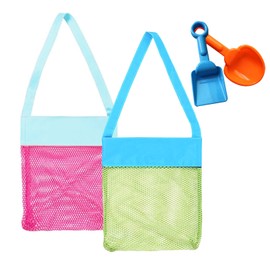Auony Beach Mesh Bags, 2 Pack Sand Away Seashell Tote Bags with Sand Shovel for Kid's Shell Collection
