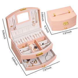 Jewelry Organizer Box 2 Layers Jewelry Case, PU Display Case with Mirror&Ring Tray, Rings Earring Necklace Bracelet Display and Storage Case for Women Girl Pink