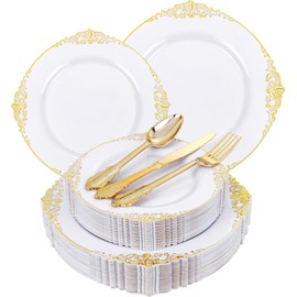 Joyido 125PCS White and Gold Plastic Plates - Gold Disposable Plates with Plastic Silverware - Vintage Disposable Dinnerware Set for 25 Guests for Weddings Parties