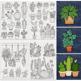 DOODLREAM 30Pcs Bonsai Cactus Embroidery Pattern Stabilizers, 8.3"x11.7" Potted Cacti Water Soluble Stick and Stitch Embroidery Stickers, 4 Sheets Cactus Hand Sewing DIY Embroidery Paper