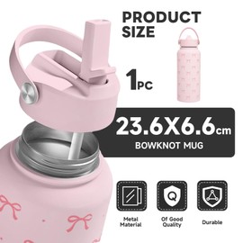 Cosmeria Thermos Flask with Bow Design, 32 oz Stainless Steel Insulated Drinking Bottle, Pink Thermos Flask for Women, Girls, Teens, Birthday Gift