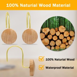 Shower Curtain Hooks, Wood Decorative Shower Curtain Rings, Modern Round Log Shower Curtain Hangers, 12PCS Shower Hooks for Shower Curtain Rod, Bedroom, Living Room (Gold 2)