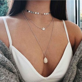 Allereyae Vintage Layered Gemstone Teardrop Necklace Coin Sequin Choker Necklaces Gold Dove Of Peace Necklace Moonstone Waterdrop Pendent Necklaces Imitation Moonstone Jewelry for Women