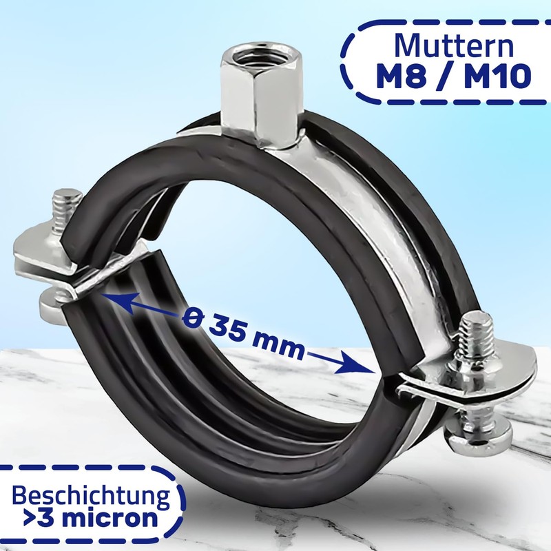 Reinforced Pipe Clamps M8/M10 with Rubber Seal and Diameter 35