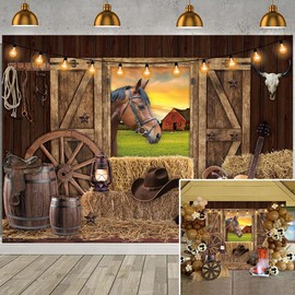 Western Cowboy Backdrop Wild West Rustic Wooden House Barn Photography Background for Kids Adults Cowboy Theme Baby Shower Party Decorations Banner (8X6ft (240x180cm))