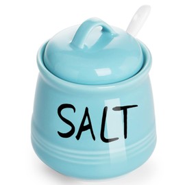 HAOTOP Salt Bowls with Lid and Spoon -12 oz Ceramic Salt Cellar, Salt Containers, Spice Box for Counter, Farmhouse Kitchen Decor, Beige