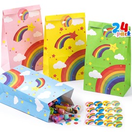 Shindel 24 Pack Rainbow Party Favor Bags with Stickers - 8.7"x4.7"x3.1" Whimsical Cloud & Star Pastel Rainbow Goodie Bags, for Kids Birthday, Baby Shower & School Events
