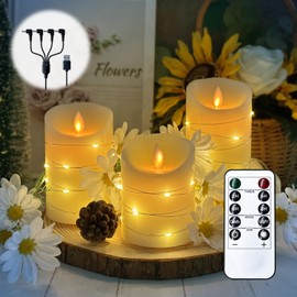 LEDHOLYT Rechargeable Flameless Candle Set, Flickering LED Pillar Fake Candle with embedded star string, Remote Control and Timer, Oscillating Wick Electronic Candle, Set of 3.White