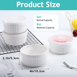 Bgtecho 8 oz Ramekins with Lids, Set of 6 Custard Cups for Baking, Creme Brulee Ramekins Bowl, Porcelain Creme Brulee Souffle Dishes, White Pudding Custard Cup, Dishwasher and Oven Safe(White)