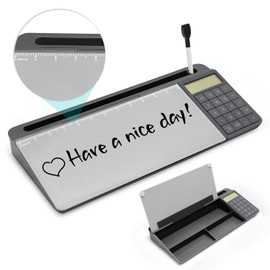 Desktop Glass Whiteboard with Calculator(12 Digit LCD Display) & Ruler Marker,Tilted Notepad Computer Keyboard Stand with Dry Erase Board Surface, Desk Organizers with Accessories,Gray