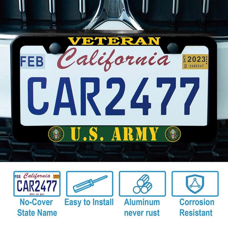 2 Pcs License Plate Frame for U.S. Army Veteran Black