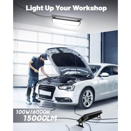 Linkable LED Shop Light(Built-in Outlet), 100W 15000LM Aluminum Plug in Garage Light w/ 9.84ft Power Cord and Switch, 6000K Daylight, for Garage, Workshop, Warehouse (1 Pack)