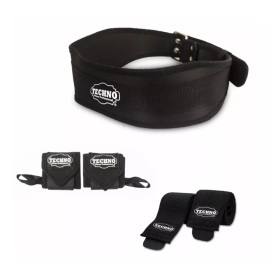 Techno Cinturón Para Pesas + Vendas De Rodillas + Muñequeras