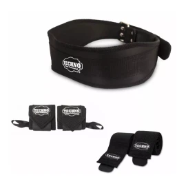 Techno Cinturón Para Pesas + Vendas De Rodillas + Muñequeras
