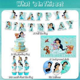 42pcs Princess Jasmine Party Supplies Pack Includes，Banner，Cake Topper，Blackdrop,Balloons for Jasmine party Decoration