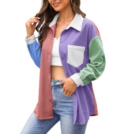 Jouica Womens Lightweight Long Sleeve Collared Button Down Shirts Casual Corduroy Boyfriend Color Block Fall Outwear Tops Blouse for Women,Color Block Green,X-Large
