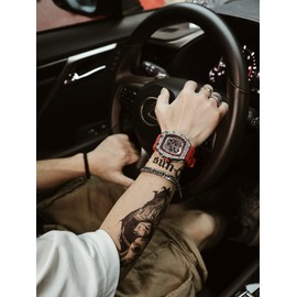 Gosasa Mens Unique Punk Bling Iced Out Dress Watches Tonneau Rectangle Watches for Men Waterproof Analog Chronograph Sports Watch Silicone Band