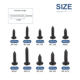 DTGN Small Phillips Pan Head Self Tapping Screws Micro Wood Screws, Mini Electronic Screws Assortment Kit,Carbon Steel Black Oxide(Size:M1.4x5-M2.3x12-1000pcs)