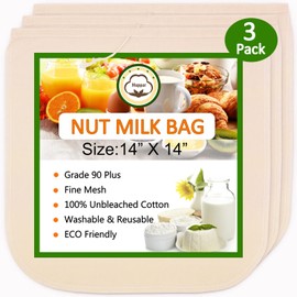 3 Pack Nut Milk Bag 14"x14", Cheesecloth bags for Straining Reusable, 100% Unbleached Cotton Cloth, Almond/Oat/Soy Milk Strainer, Filter Bag for Cheese/Yogurt/Juice/Cold Brew Coffee Wine/Soup/Herbs