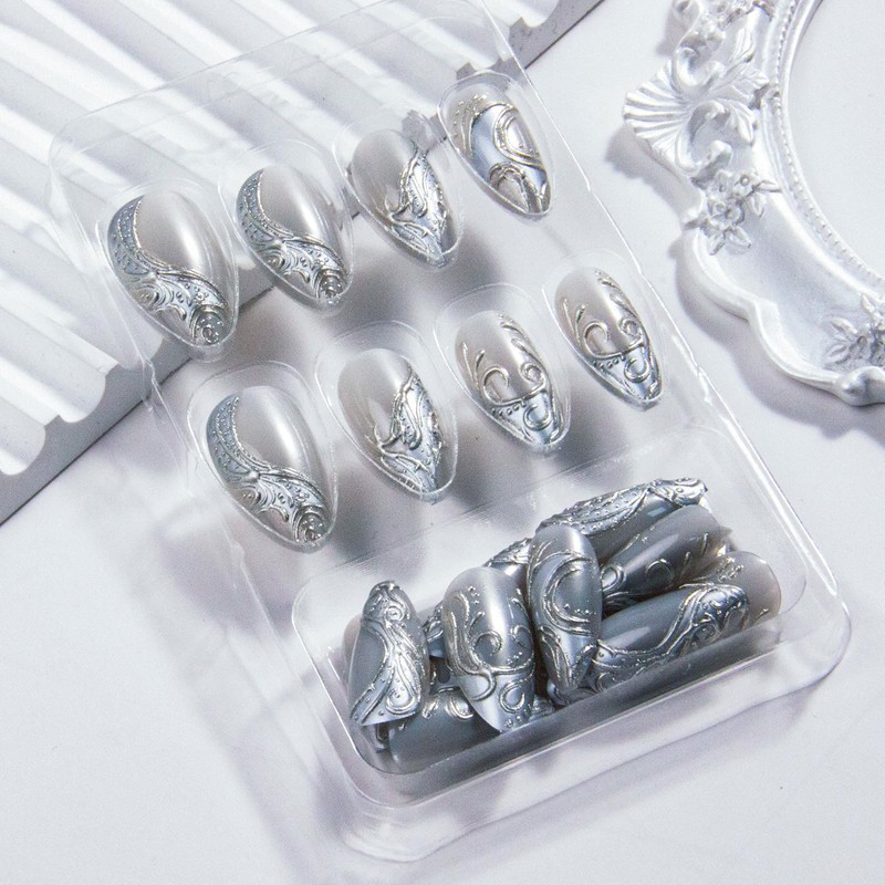 Silver Press on Nails Medium Almond Fake Nails Metal Chrome