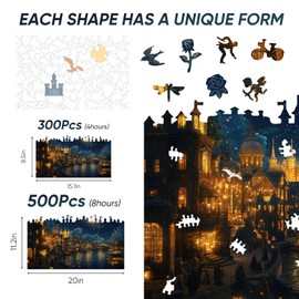 Jiroinlly Wooden Puzzles for Adults 300 Pieces, Brilliant Town, 5MM Thick Adult Jigsaw Puzzles, Unique Shaped Puzzle for Family and Friends, Home Wall Decor, Exquisite Packaging Gift, 8.5x15.1 in