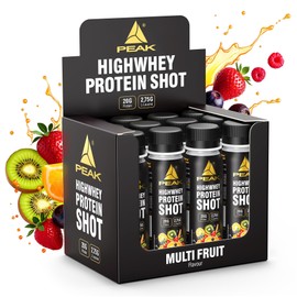 PEAK HIGHWHEY Protein Shot - Display - 12 x 100 ml Flavour Multifruit I Liquid Clear Whey (Beta Lactoglobulin) with 20 g Protein and 2.75 g L-Leucine per Ampoule I Perfect for on the Go