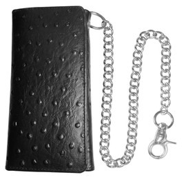 IBRO Motorcycle Chain Wallet for Men – 100% Natural Genuine Leather, Long Trifold RFID Blocking, Credit Card Money Organizer - Men’s Trucker Biker Metal Chain Wallets Ostrich Black