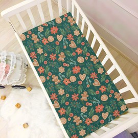 Pfrewn Christmas Crib Sheets for Boys Girls Green Christmas Poinsettia Gingerbread Fitted Crib Sheet Fits Standard Crib Mattress Pads Winter Pattern Stretch Soft Toddler Baby Sheet,52x28IN