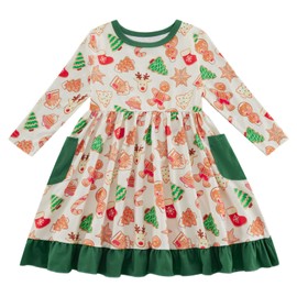 Bkixhv Toddler Baby Girls Christmas Dress Long Sleeve Gingerbread Man Candy Cane Santa Ruffle Pocket Dress Xmas Clothes Apricot