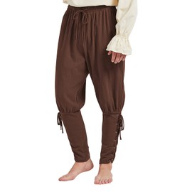 Men's Pirate Renaissance Pants with Ankle Banding - Medieval Viking Navigator Costume Cosplay - Drawstrings, Brown, X-Large