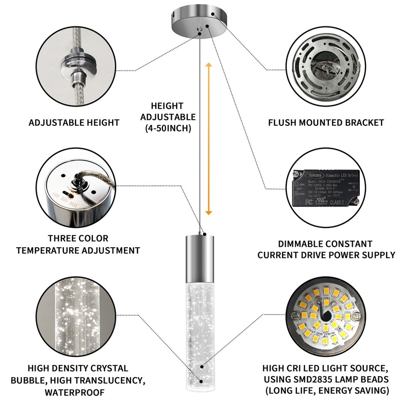 OKELI Modern Pendant Light,3 Color LED Bubble Crystal Island Light