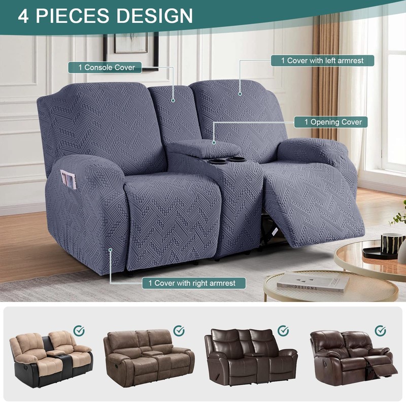 Ruaozz Stretch Loveseat Recliner Covers with Console 4-Pieces Recliner Sofa