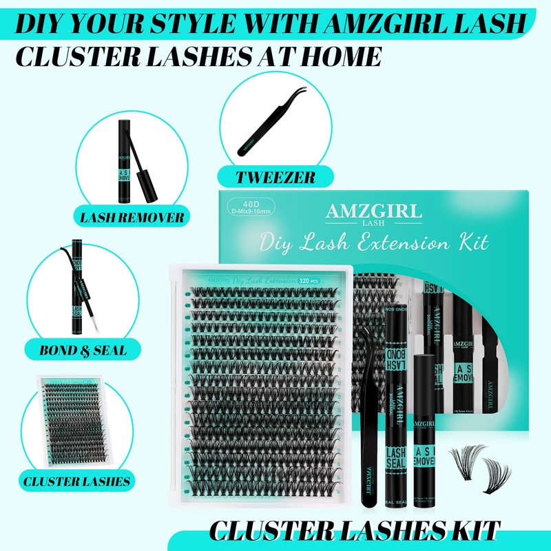 Lash Extension Kit 320Pcs,DIY Individual Lashes Clusters Kit,Lash Bond And