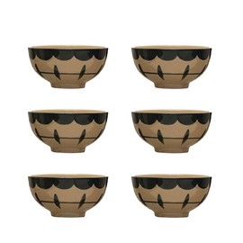 Creative Co-Op Hand Painted Stoneware Bowl with Geometric Designs, Set of 6, Black and Tan