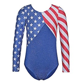 TFJH E One-Piece Girls Gymnastics Leotards Toddler Long Sleeve Ballet Dance Shirt Red Stripe USA Flag 146 Star 12A