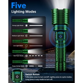 Super Bright Rechargeable LED Flashlights 5000.000 High Lumen, Flashlight Up to 25H Long Battery Life| Zoomable| 5Light Modes| IP67 Water Resistant, Tactical Flashlight for Camping (Green)
