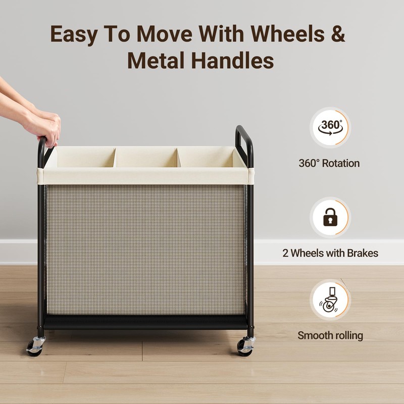 ELYKEN Laundry Hamper 3 Section, 120L Rolling Laundry Sorter with