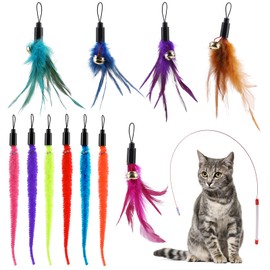HJZHII 12pcs Cat Toy Set, 5pcs Replacement Feather Toys and 6pcs Refills Worm with 1pcs Retractable Wand Attachments for Kitten Exercise Training Indoor Interactive Catcher Chase Jump