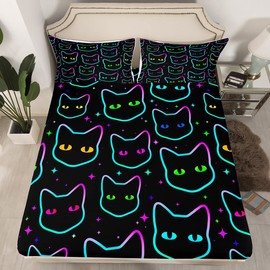 Erosebridal Cartoon Cat Sheet Set, Black Cat Bed Sheets Set for Kids Girls Boys Teens, Ombre Glowing Neon Stars Sheets, Kawaii Kitten Flat Fitted Sheet, Gradient Galaxy Bed Set All Season, Twin 3Pcs