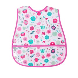 Cute Printed Wipe Clean Water Proof Cover All Bib with Pocket| Babies Toddlers 6+Weaning Messy Play| Multi Use, Easy Fastening| Suitable from Birth| Light Weight, Soft, Washable (Pink Flowers)