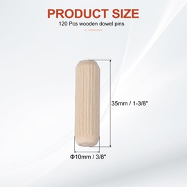 PATIKIL Wooden Dowel Pins 3/8" x 1-3/8" (10mm x 35mm) Straight Dowel Rods Wood Fluted Dowels Rods for Crafts Furniture DIY Hardwood Count 120
