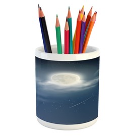 Lunarable Moon Pencil Pen Holder, Cloudy Night Sky with Milky Way Inspired Constellation Romantic Universe Infinity, Printed Ceramic Pencil Pen Holder for Desk Office Accessory, Dark Blue White