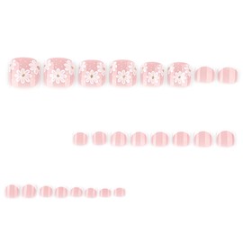 French Tip Press on Toe Nails Spring Fake Toenails with White Flowers Designs Nude Pink False Toe Nails Short Square Glue on Toenails Summer Stick on Toe Nails Cute Acrylic Toenails Artificial Toenail