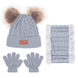Pack of 3 Girls Winter Beanie Hat, Scarf, Gloves Set, Children's Winter Hat Scarf Gloves Set, Hat Warm Beanie Hat Boys Gloves Round Scarf Set for Children 1-6 Years Old, gray