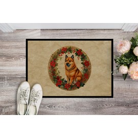 Caroline's Treasures DAC2364JMAT Finnish Spitz Christmas Flowers Doormat Front Door Mat Indoor Outdoor Rugs for Entryway, Non Slip Washable Low Pile, 24H X 36W