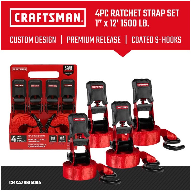 CRAFTSMAN CMXAZBS15004 Black/Red 1" x 12' Ratchet Tie Down Straps