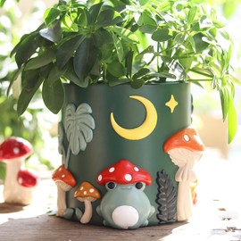 GUGUGO 8 Inch Colorful Frog Garden Planters Cute Unique Rainbow Planter with Drainage, Vintage Retro Mushroom Flower Plant pots for Indoor Plants, Eclectic Succulent Gardening Pot for Home Décor-B