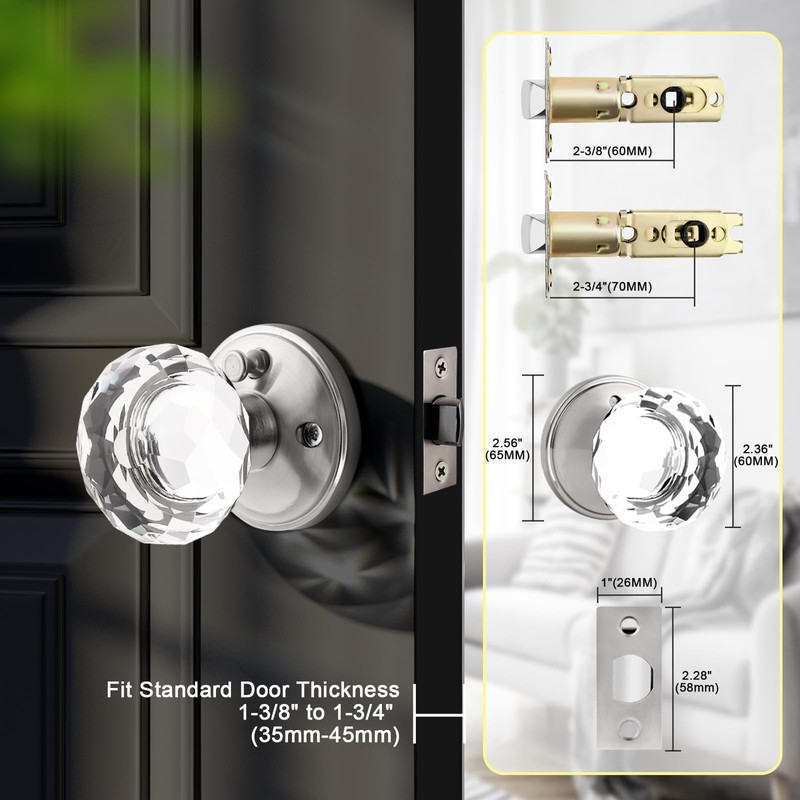 Lepushom 1 Pack Crystal Door Knobs Interior, Elegant Satin Nickel